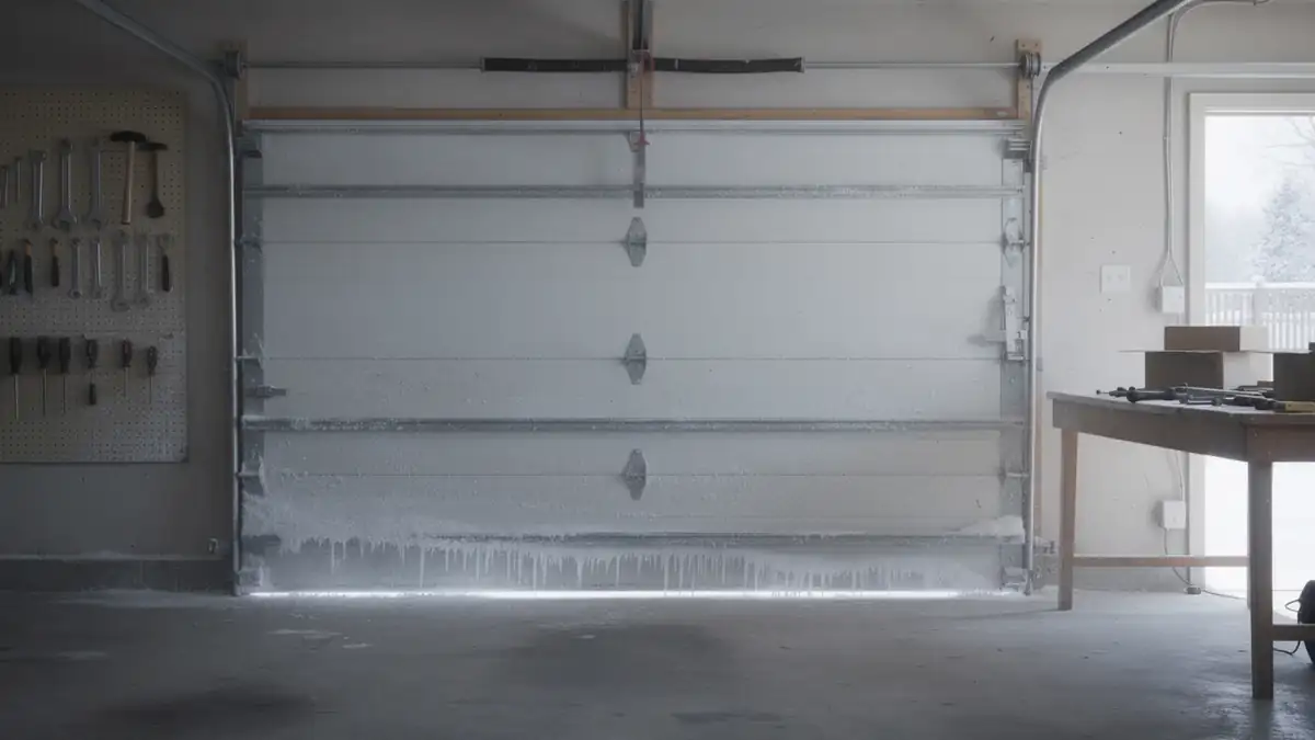 The white garage door is covered in ice and icicles, with tools on a pegboard and workbench.