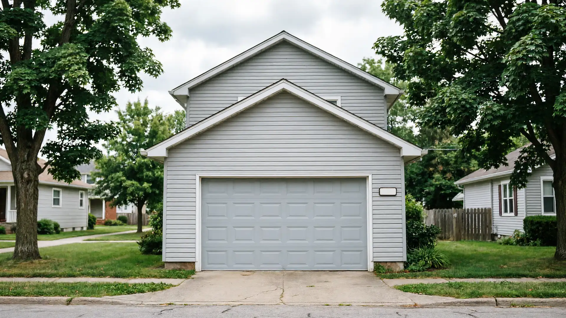 A light gray garage door is on a gray house with green trees.