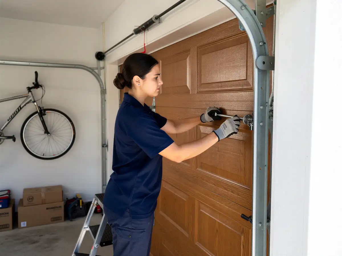 A technician adjusts a brown garage door with a tool.